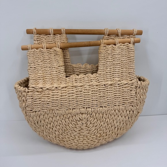 Woven Straw Tote Bag Half Moon Wooden Handle Beige Boho Summer Handbag Unbranded - Picture 3 of 12